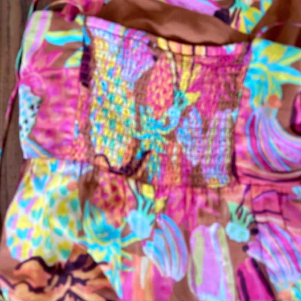 Farm Rio Tropical Fruit Tiered Midi Dress Beaded Straps Resort S - Picture 6 of 10